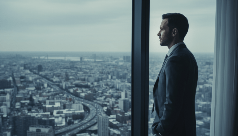 Expatriado analizando riesgos y seguridad personal en una ciudad extranjera desde un apartamento moderno