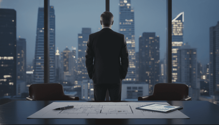 Empresario analizando métricas financieras para la venta de una empresa de seguridad privada en una oficina moderna.