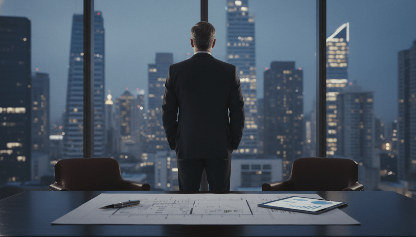 Empresario analizando métricas financieras para la venta de una empresa de seguridad privada en una oficina moderna.