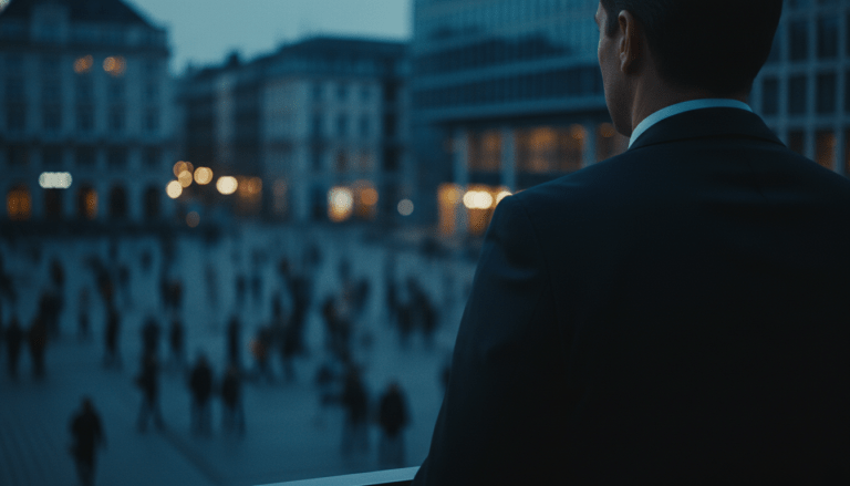 Experto en protección ejecutiva analizando riesgos de seguridad en un entorno urbano complejo.