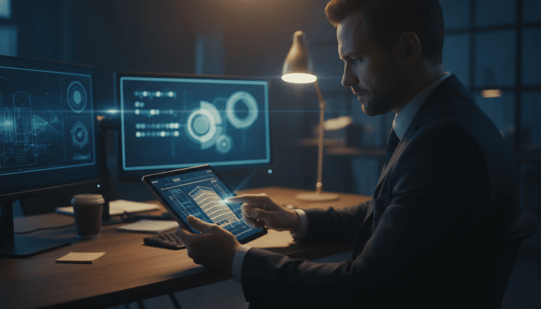 Consultor de seguridad estratégica analizando riesgos en una oficina moderna