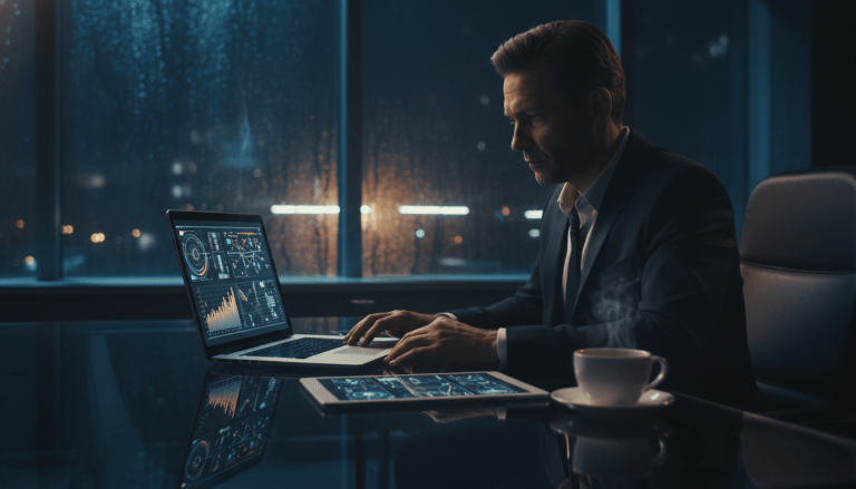 Investigador analizando datos confidenciales en una oficina moderna para una auditoría de seguridad corporativa.