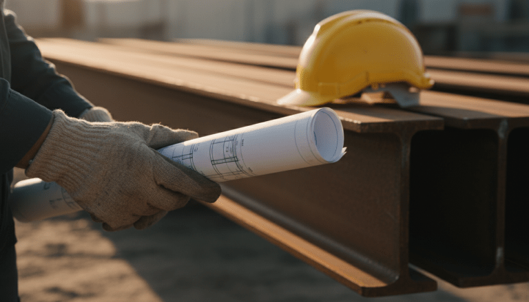 Trabajador de la construcción sosteniendo planos con casco de seguridad en obra, representando la ética laboral y la seguridad industrial.