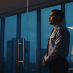 Guardia de seguridad profesional analizando la seguridad en una oficina moderna para evaluar su desempeño.