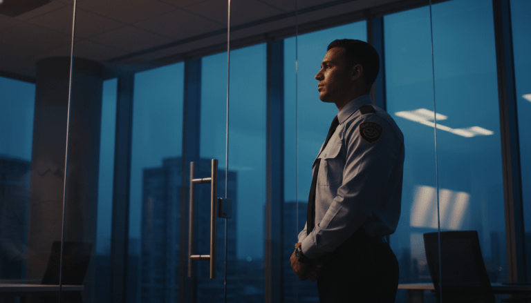 Guardia de seguridad profesional analizando la seguridad en una oficina moderna para evaluar su desempeño.