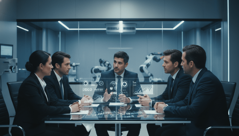 Equipo multidisciplinario analizando métricas de seguridad industrial en un entorno corporativo moderno