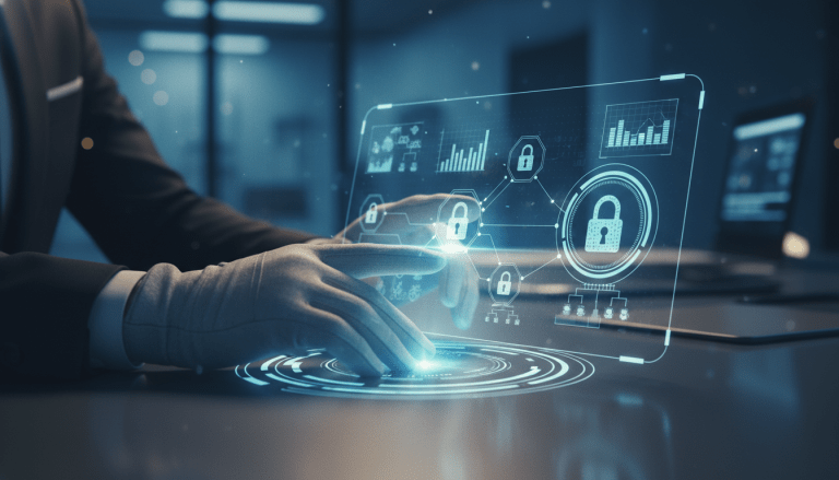Analista corporativo revisando seguridad digital y riesgos durante un proceso de due diligence en una fusion empresarial