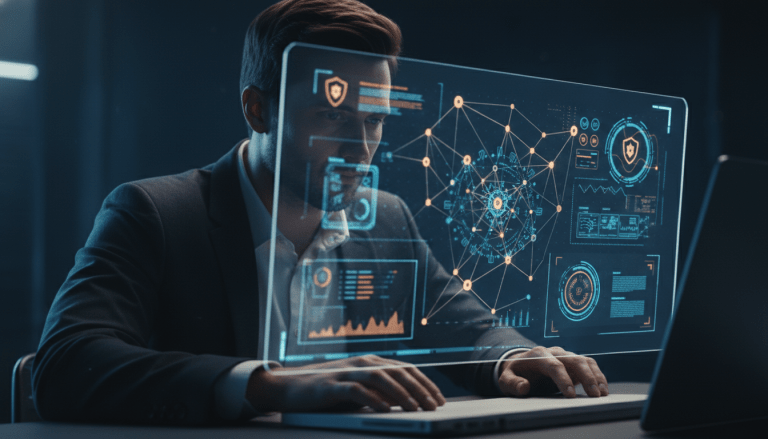 Especialista en ciberseguridad analizando vulnerabilidades digitales en una interfaz holografica futurista.