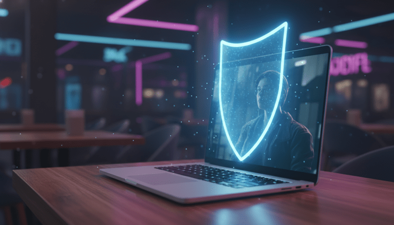 Concepto de seguridad informática moderna protegiendo un dispositivo portátil en un entorno de trabajo distribuido.