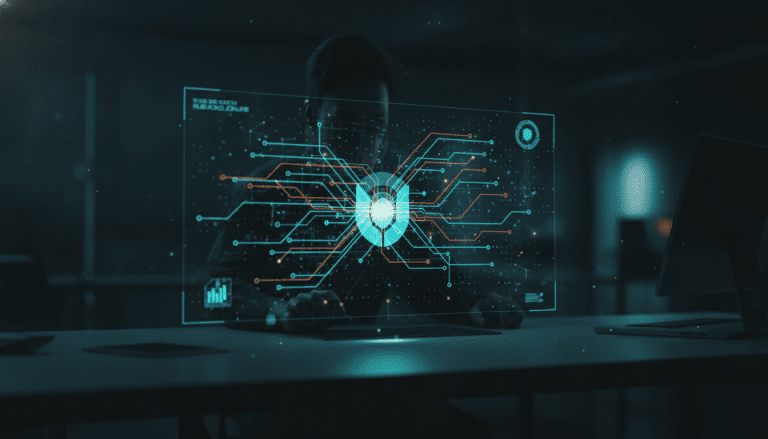 Infraestructura de red compleja con visualización de datos holográficos representando ciberseguridad ofensiva