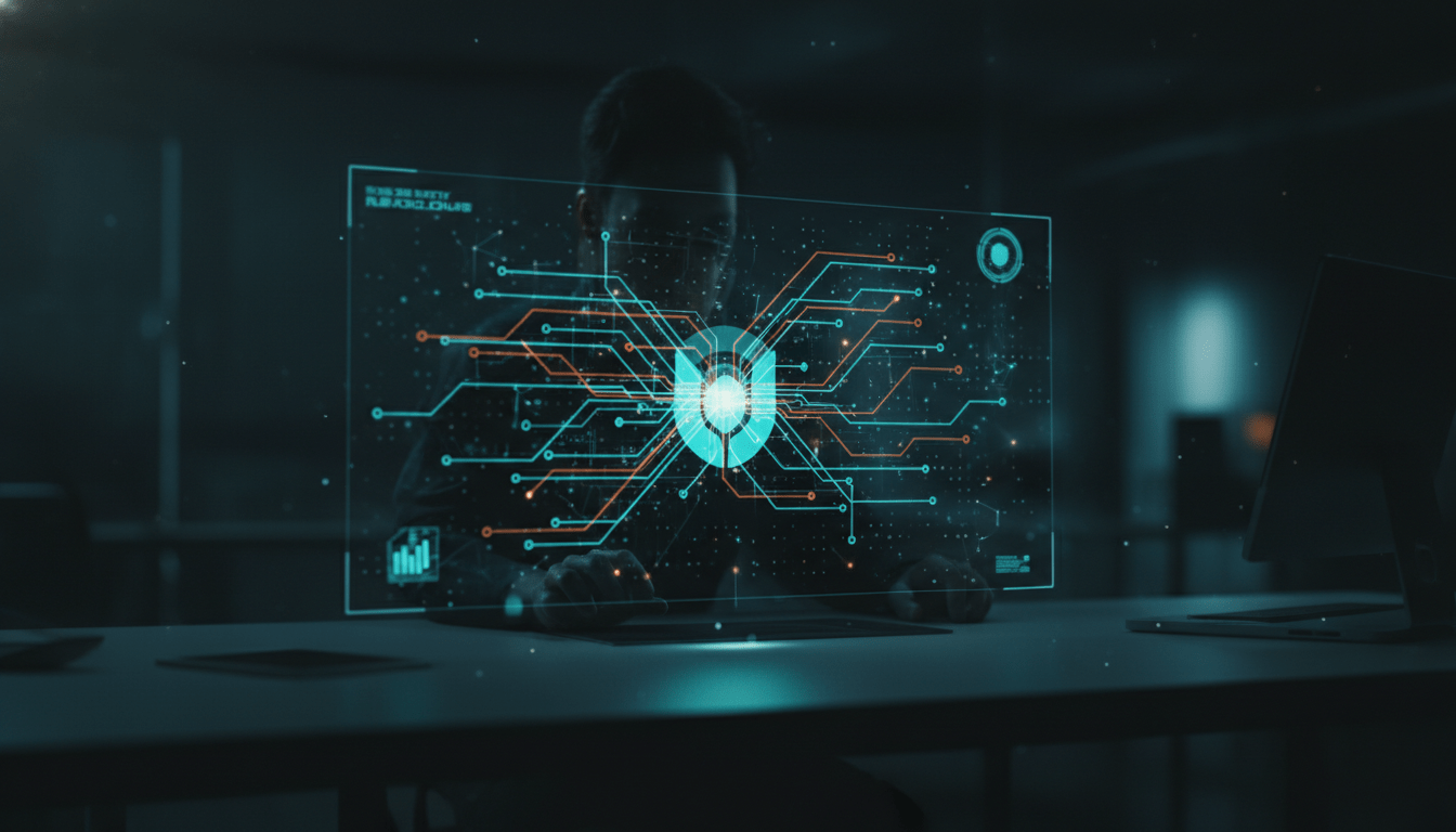 Infraestructura de red compleja con visualización de datos holográficos representando ciberseguridad ofensiva