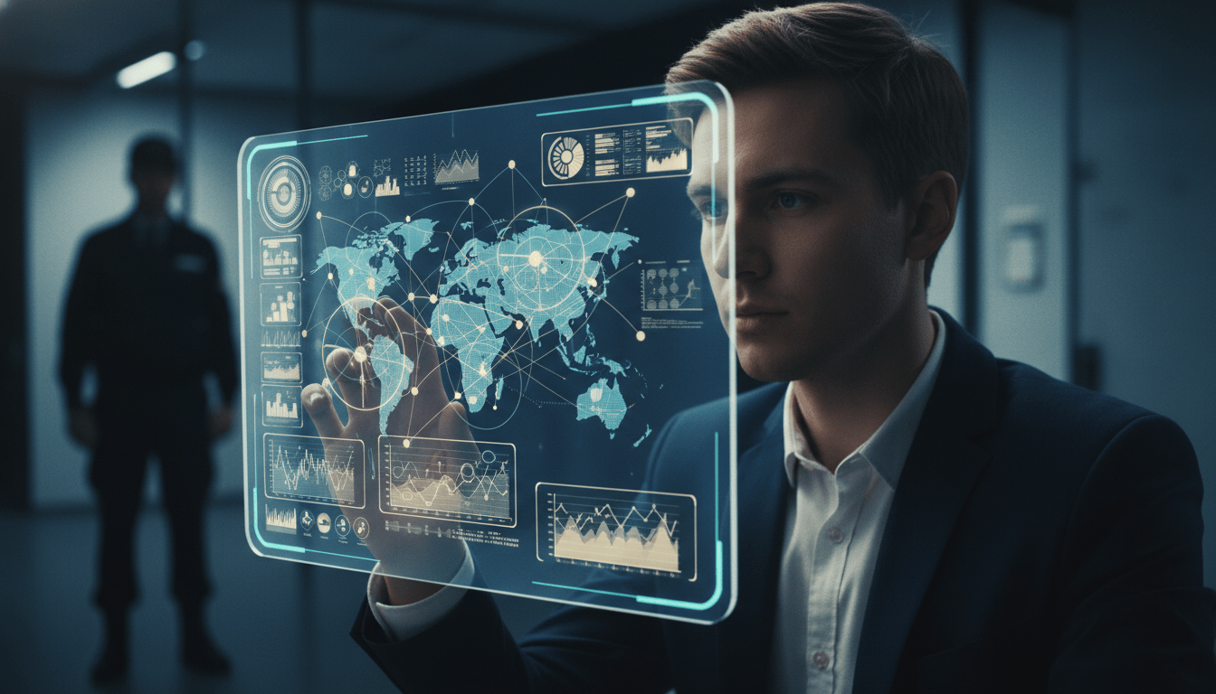 Analista de datos moderno trabajando en ciberseguridad frente a una interfaz holográfica representando la evolución de la prevención de pérdidas.