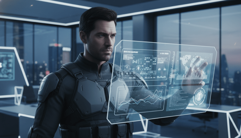 Profesional de seguridad privada moderna analizando datos tecnológicos en una oficina corporativa