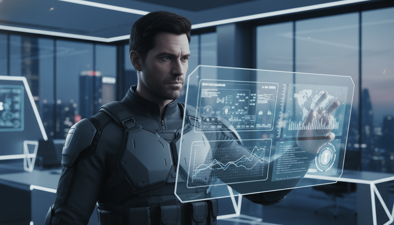 Profesional de seguridad privada moderna analizando datos tecnológicos en una oficina corporativa