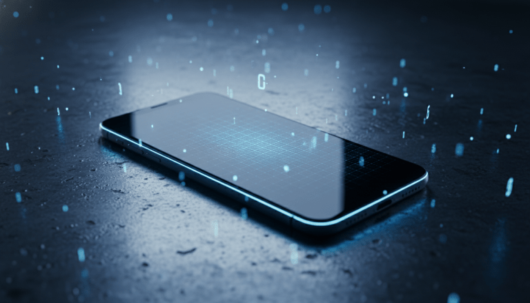 Smartphone moderno con patron de datos abstracto sobre superficie industrial, concepto de ciberseguridad y tecnologia QR.