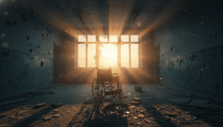 Interior de hospital abandonado con luz solar filtrandose a traves de ventanas rotas y silla de ruedas vieja