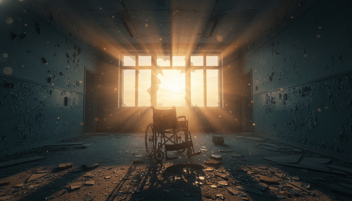 Interior de hospital abandonado con luz solar filtrandose a traves de ventanas rotas y silla de ruedas vieja