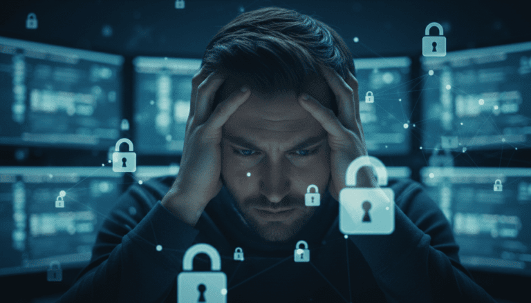 Persona estresada frente a pantallas representando la fatiga de contraseñas y la ciberseguridad