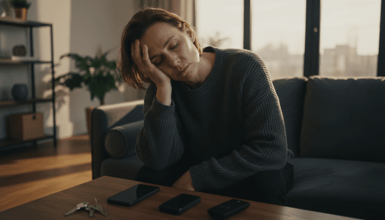 Hombre abrumado por la fatiga de decisiones sentado en su sala de estar reflejando el impacto en la seguridad.