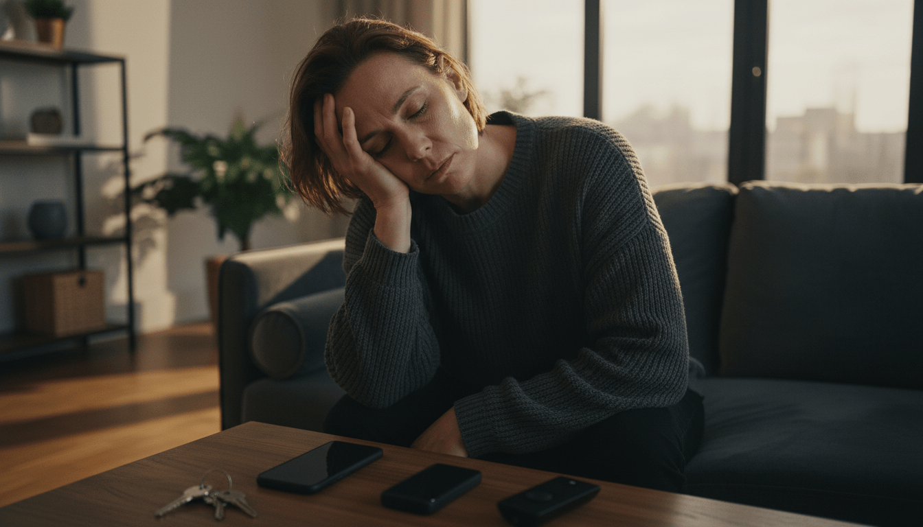 Hombre abrumado por la fatiga de decisiones sentado en su sala de estar reflejando el impacto en la seguridad.