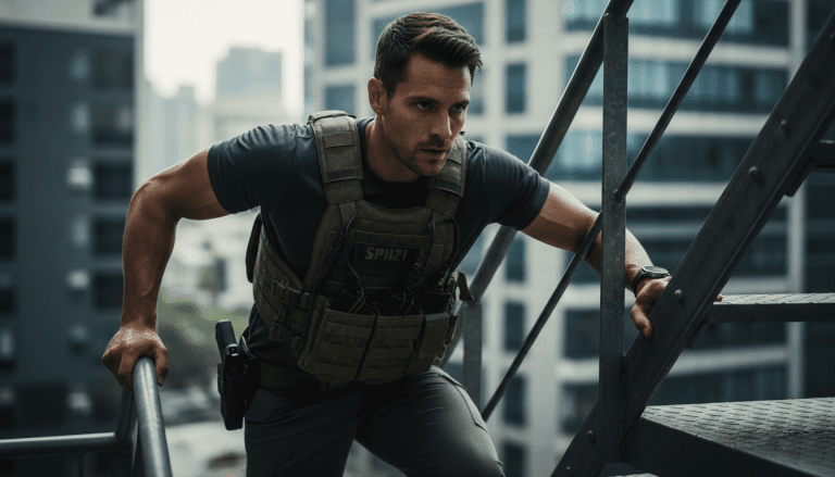 Agente de seguridad profesional realizando entrenamiento de fitness táctico subiendo escaleras con chaleco antibalas