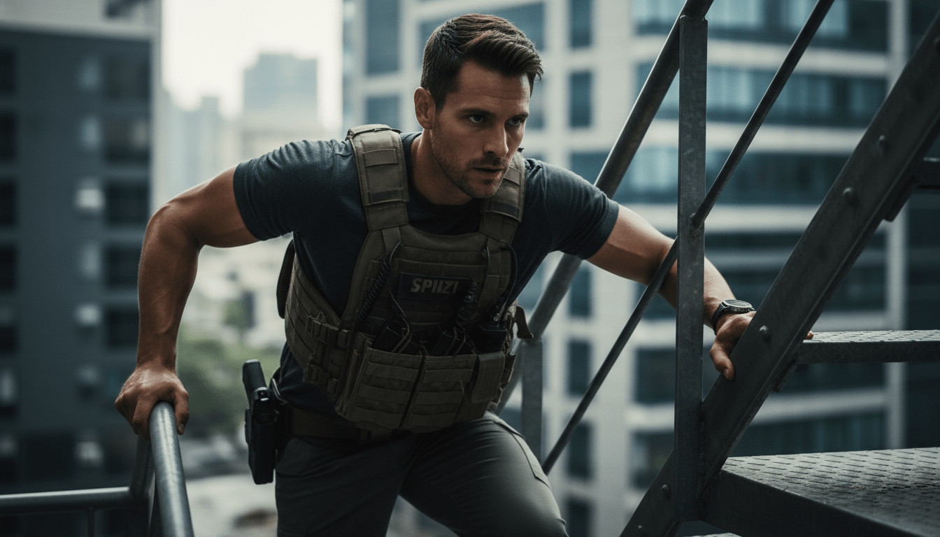 Agente de seguridad profesional realizando entrenamiento de fitness táctico subiendo escaleras con chaleco antibalas