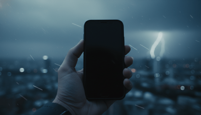 Mano sosteniendo un smartphone apagado en un entorno de emergencia urbana durante una crisis de telecomunicaciones.
