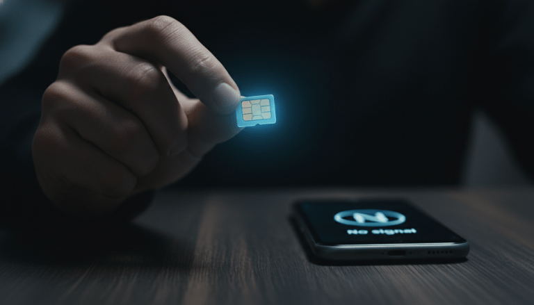 Primer plano de una tarjeta SIM iluminada y un teléfono móvil sin señal representando el fraude de SIM swapping.