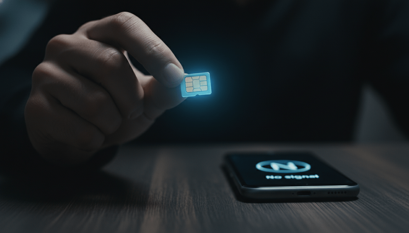 Primer plano de una tarjeta SIM iluminada y un teléfono móvil sin señal representando el fraude de SIM swapping.