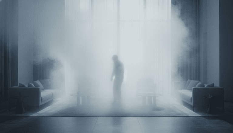 Sistema de niebla de seguridad activa llenando un salón moderno para bloquear la visión de un intruso