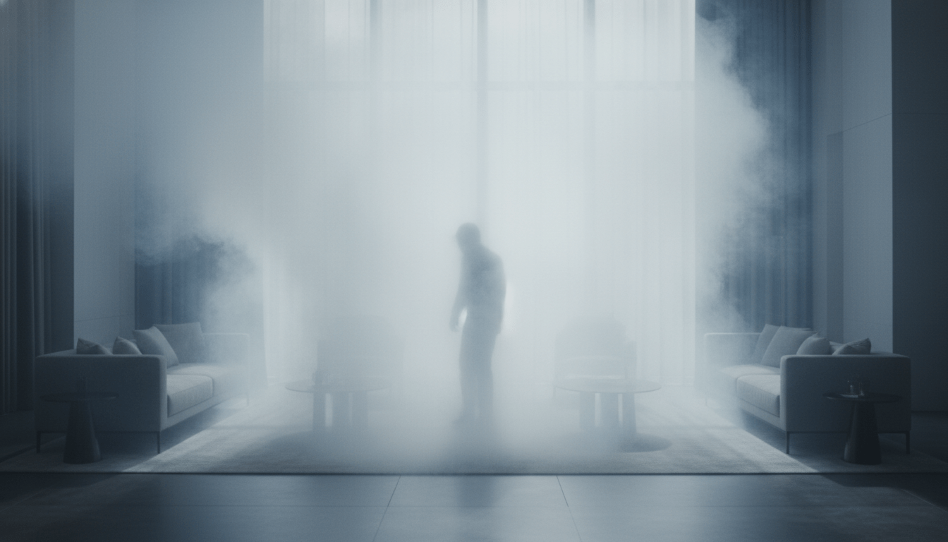 Sistema de niebla de seguridad activa llenando un salón moderno para bloquear la visión de un intruso