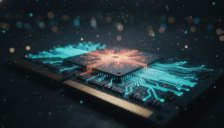 Representación visual abstracta de un ataque Rowhammer afectando los componentes internos de una memoria DRAM en una placa base.