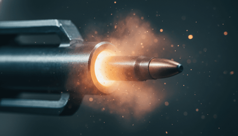 Proyectil saliendo de la boca de un cañón representando el proceso de balística interna en un arma de fuego