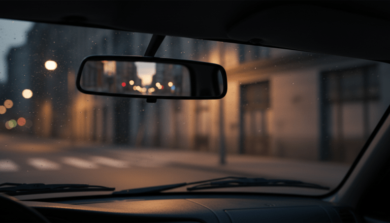 Interior de vehículo oscuro enfocando el espejo retrovisor durante una operación de vigilancia urbana discreta.