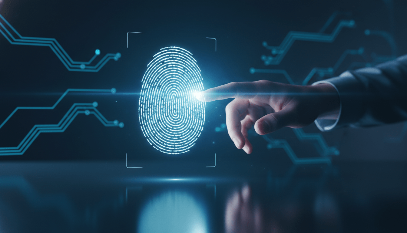 Representación abstracta de autenticación biométrica mediante huella dactilar digital en un entorno tecnológico futurista.