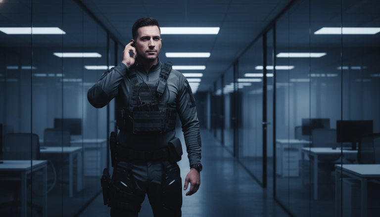 Profesional de seguridad privada manteniendo la calma durante una situación de alta tensión con un cliente