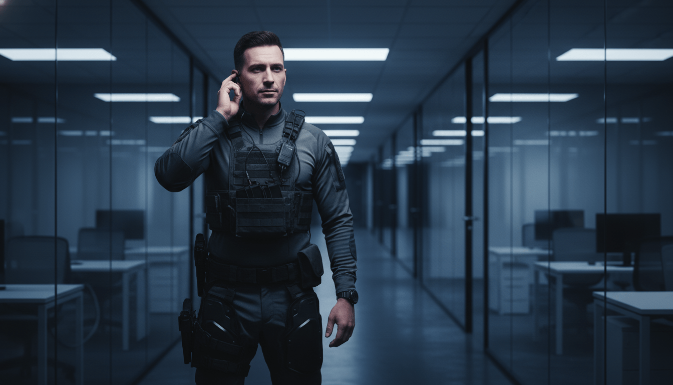 Profesional de seguridad privada manteniendo la calma durante una situación de alta tensión con un cliente