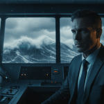 Ejecutivo observando una crisis empresarial representado como una tormenta en el mar desde el puente de un barco.