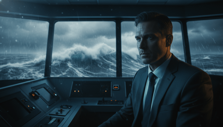 Ejecutivo observando una crisis empresarial representado como una tormenta en el mar desde el puente de un barco.