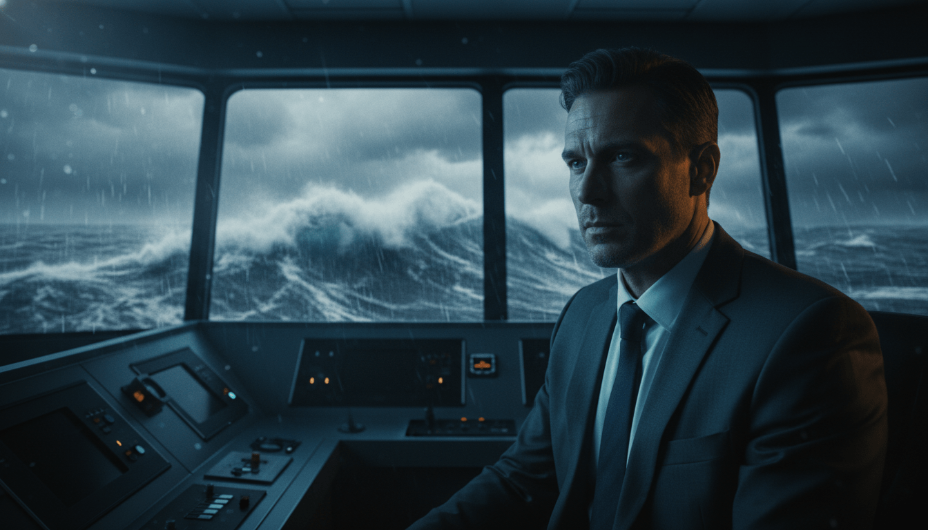 Ejecutivo observando una crisis empresarial representado como una tormenta en el mar desde el puente de un barco.