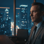 Ejecutivo de seguridad analizando una crisis de reputación en una oficina moderna