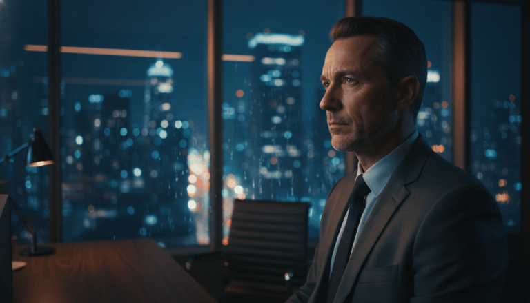 Ejecutivo de seguridad analizando una crisis de reputación en una oficina moderna