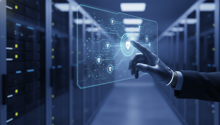 Concepto visual de gestión de identidad privilegiada (PAM) con interfaz holográfica de seguridad digital en un centro de datos.