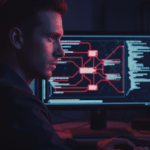 Especialista en ciberseguridad trabajando en una emergencia informática durante la madrugada frente a monitores