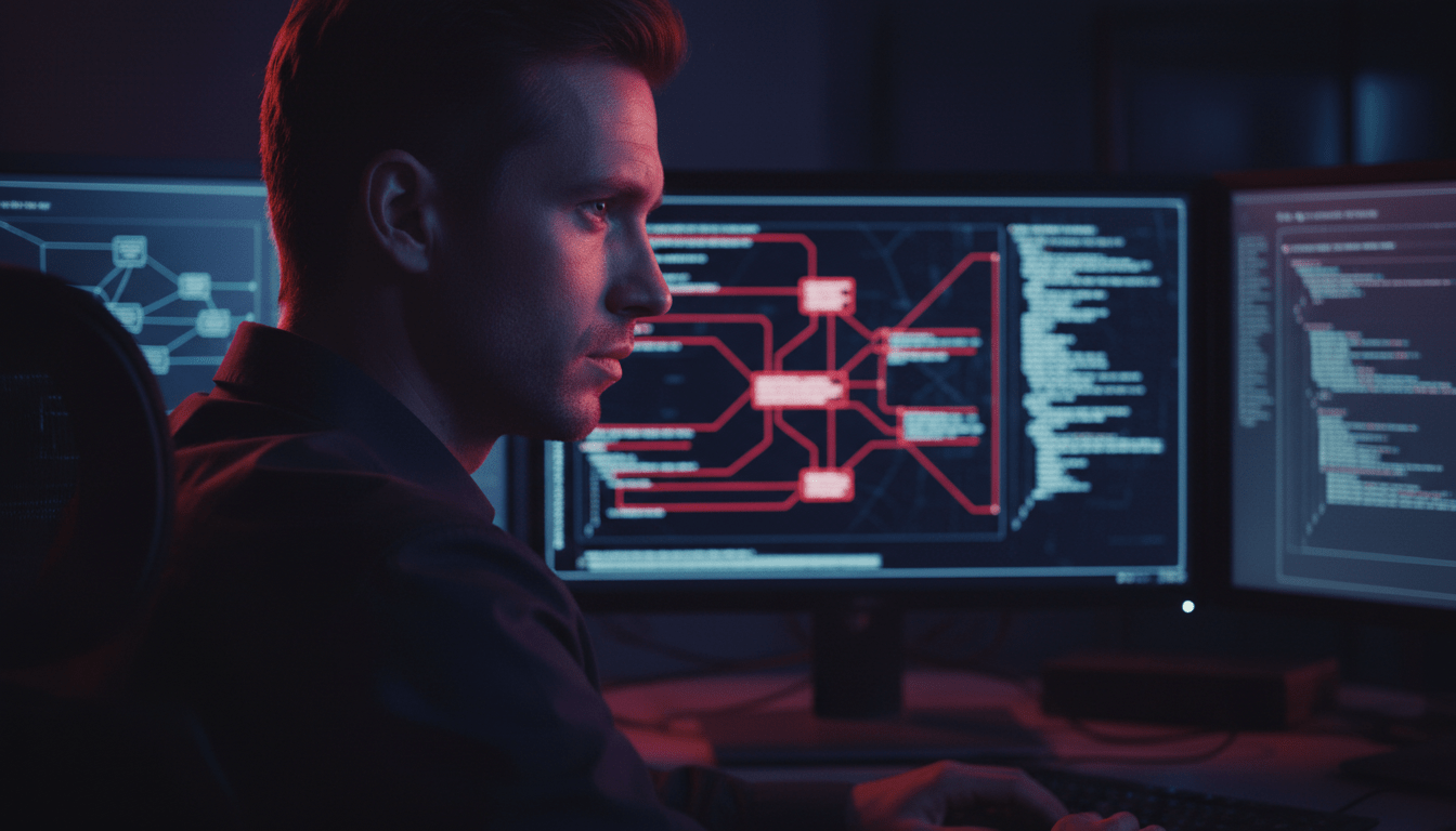 Especialista en ciberseguridad trabajando en una emergencia informática durante la madrugada frente a monitores