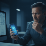 Gerente de seguridad privada estresado frente a pantallas complejas de gestión operativa