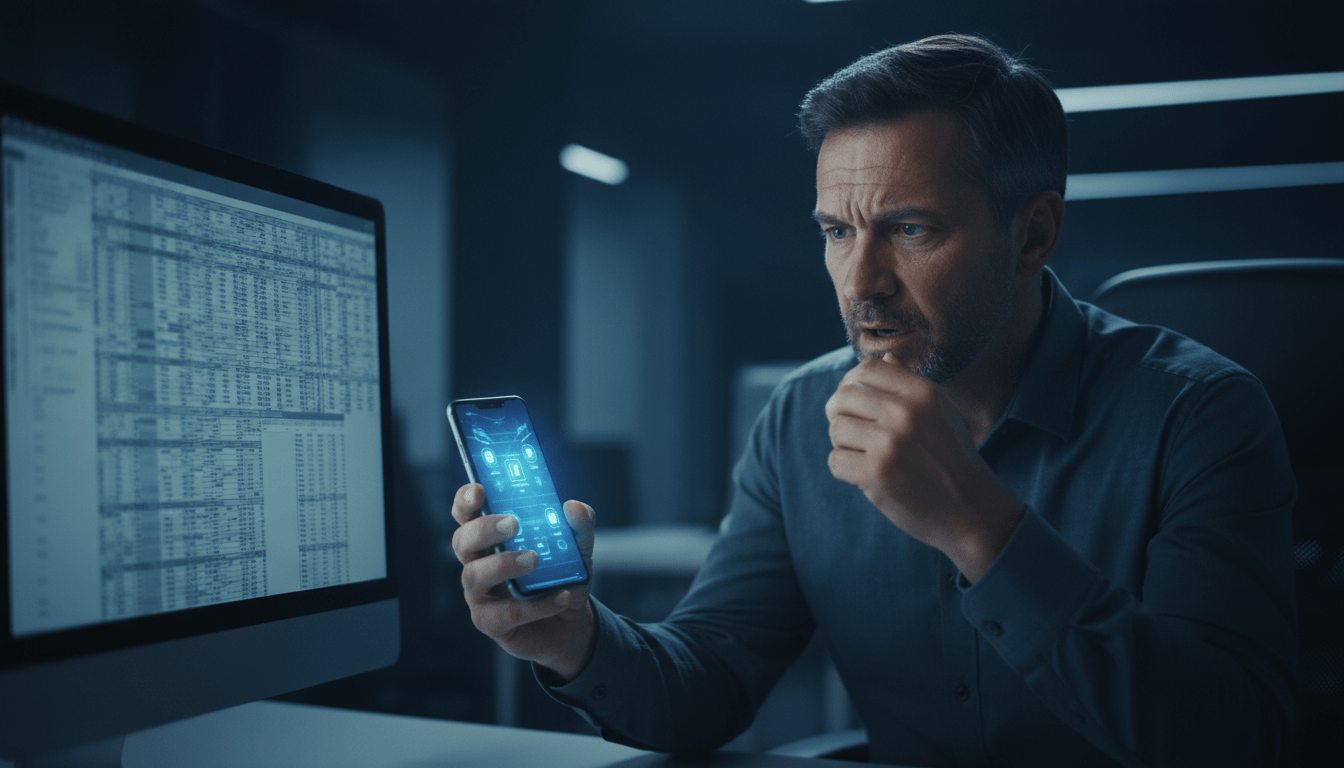 Gerente de seguridad privada estresado frente a pantallas complejas de gestión operativa