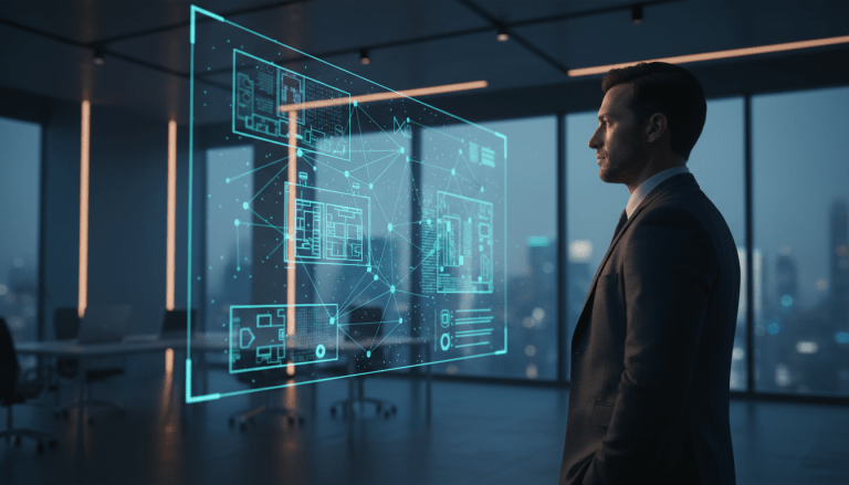 Profesional de seguridad analizando un proyecto complejo de gestión de riesgos mediante tecnología avanzada