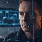 Especialista en seguridad analizando riesgos en una sala de control avanzada con enfoque en la humildad profesional.