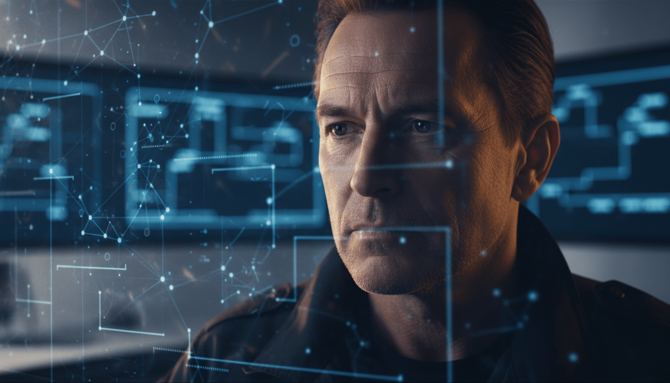 Especialista en seguridad analizando riesgos en una sala de control avanzada con enfoque en la humildad profesional.